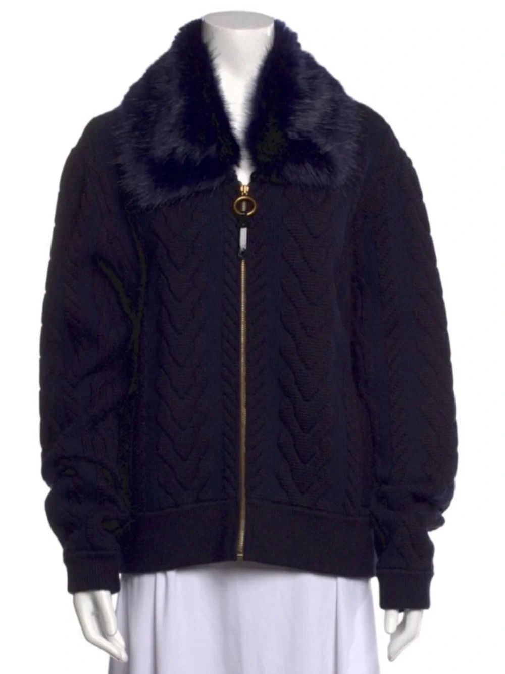 TORY BURCH Contraire Merino Wool Cable Knit Faux Fur Sweater Bomber Jacket XL
